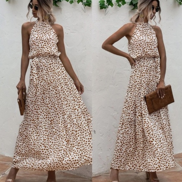 Boho cream brown halter dot belted maxi dress - Picture 6 of 11